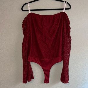 Guess Women’s Red Top Blouse TOp shirt Off Should long sleeve Body suit size XL